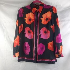 VTG Dana Buchman Tailored Petite 100% Silk Black Hot Pink Orange Poppy Blouse 6P